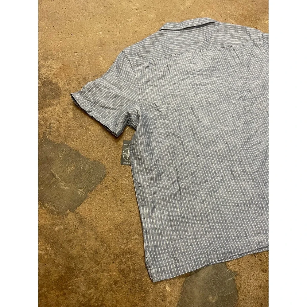 Lucky Brand Shirt Mens XL Blue Striped Linen Short Sleeve Camp Collar Casual - Picture 10 of 16